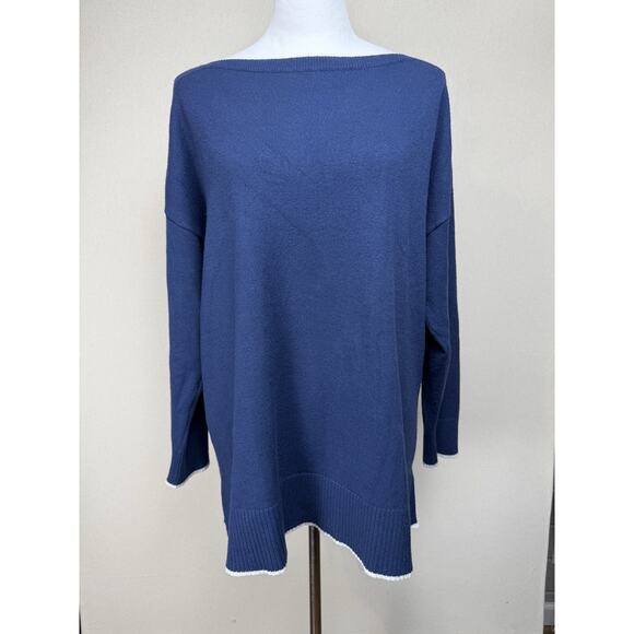 Ann Taylor Women's Sz XXL Sweater Tunic Navy Blue Boat Neckline White Trim - Picture 1 of 13